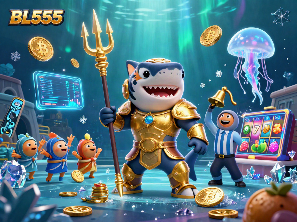 Experience thrilling gameplay with BL555, featuring a fierce tiger shark in a vibrant casino-themed scene.