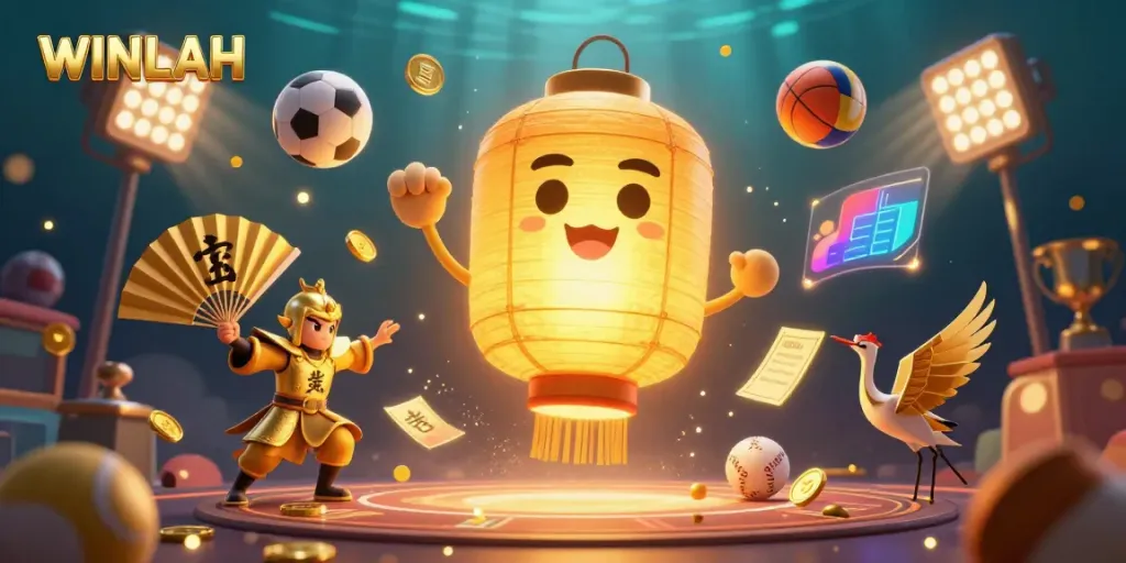 Experience the excitement at WINLAH's online casino with vibrant golden lanterns and dynamic sports elements.