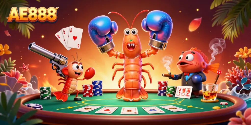 Join AE888's thrilling poker showdown with vibrant characters at the felt table, winning big!