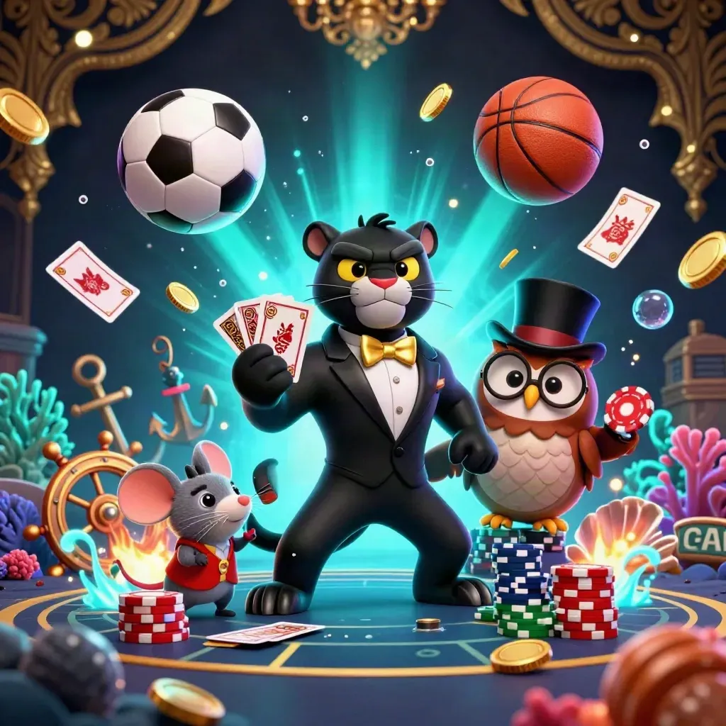 Tuxedo panther, owl, and mouse amid coin showers, balls, cards, coral, and glowing bubbles.