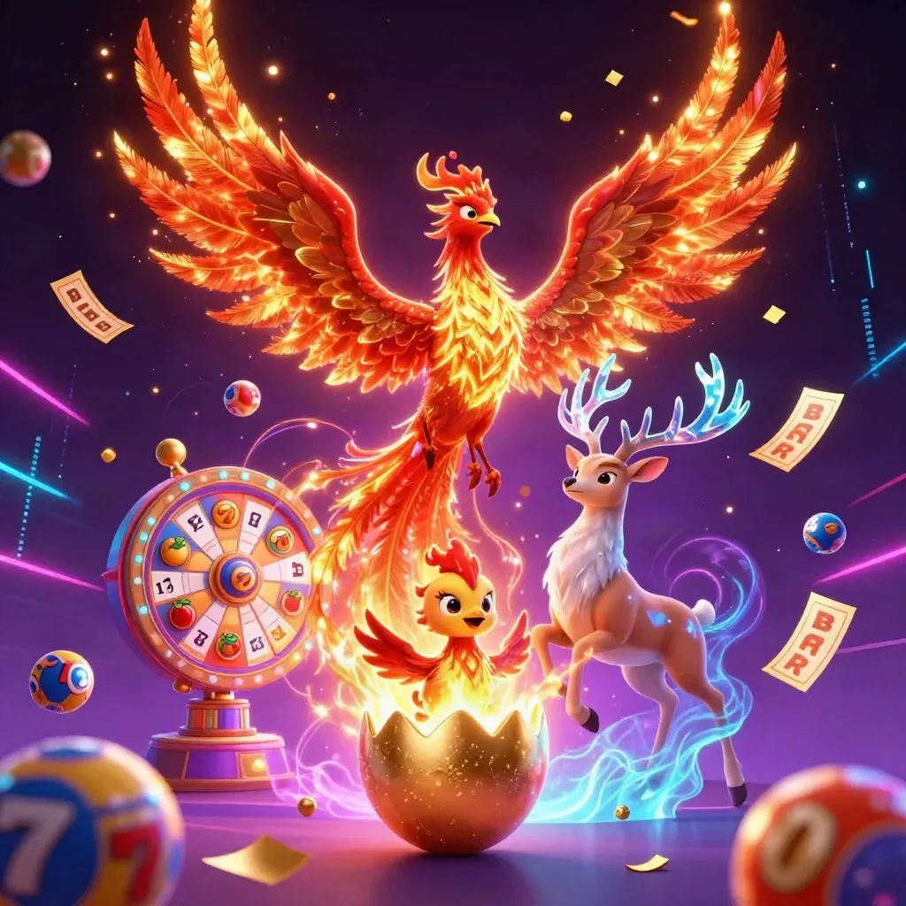 Fire phoenix, hatching chick, and crystal stag amid casino magic and neon treasure bursts.