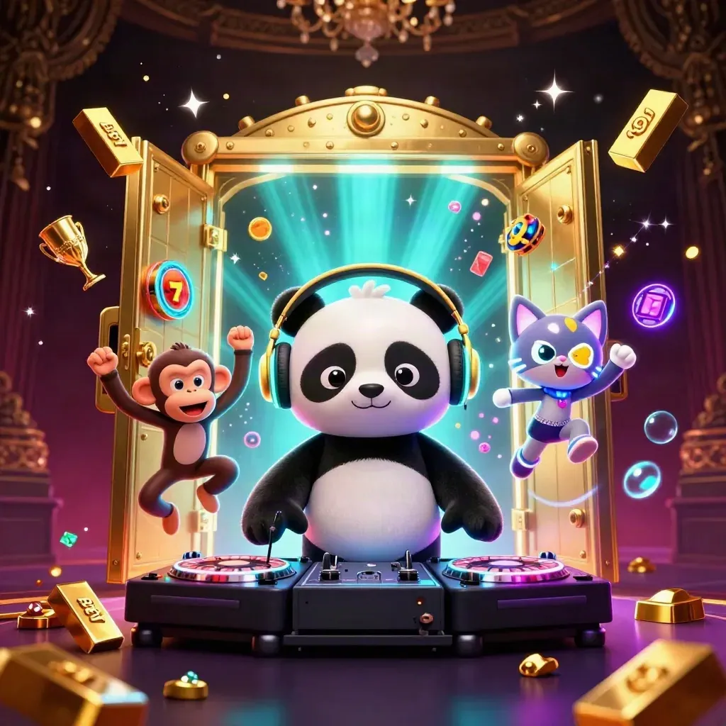 Panda DJ, breakdancing monkey and glow-stick kitten burst from a gold vault in neon casino light.