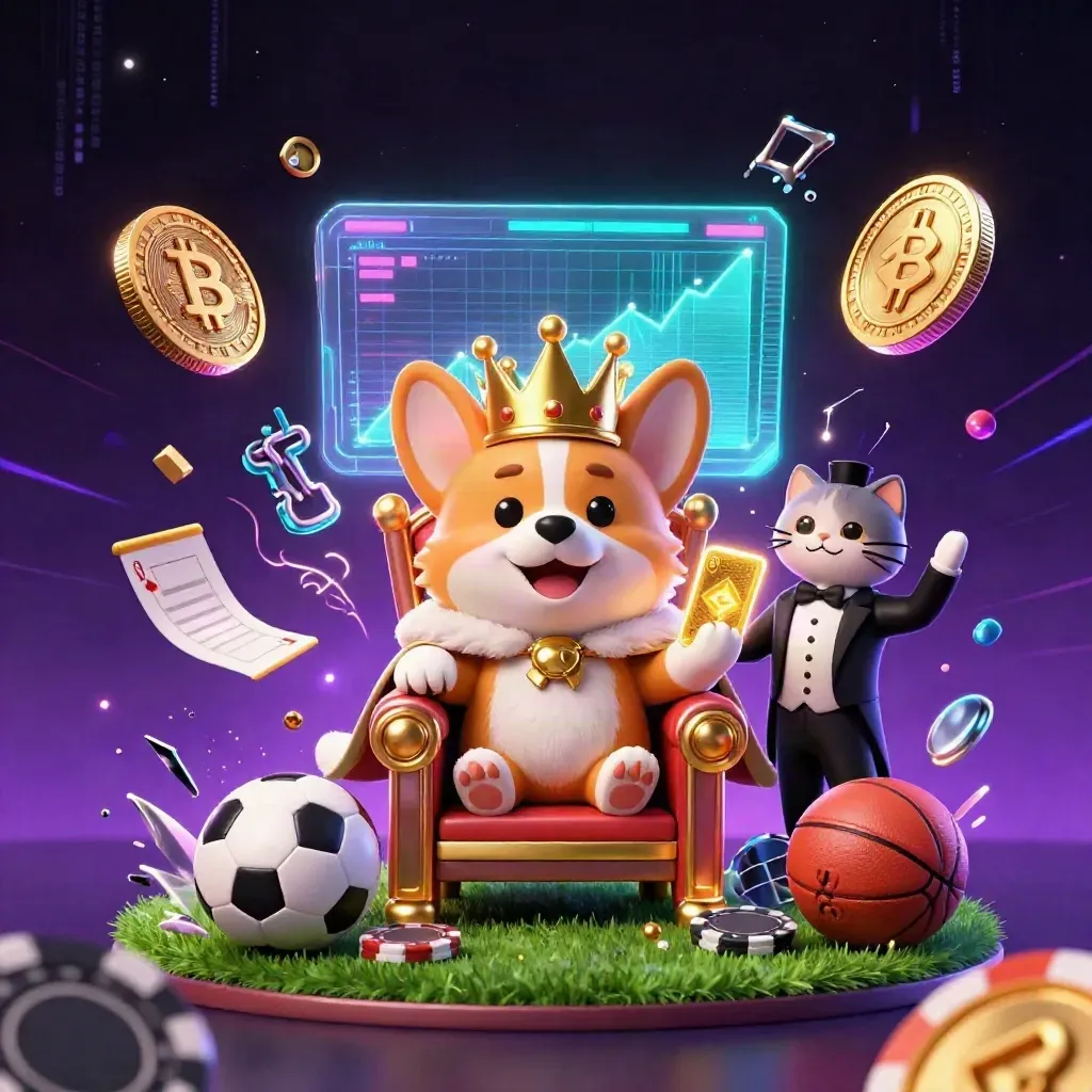 Royal corgi and cat butler amid casino coins, sports balls, and neon lightning.