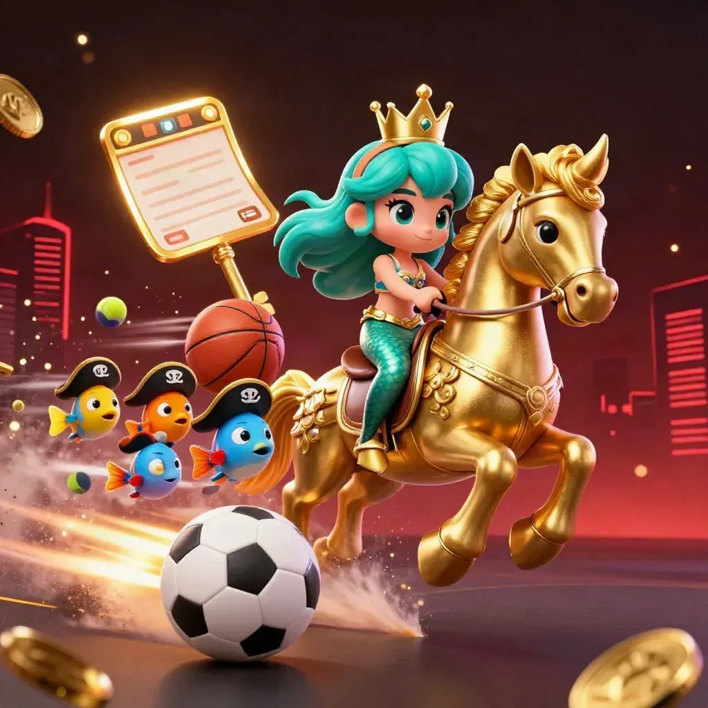 Mermaid princess on a seahorse with pirate fish, flying sports balls, coins, and neon stadium glow.