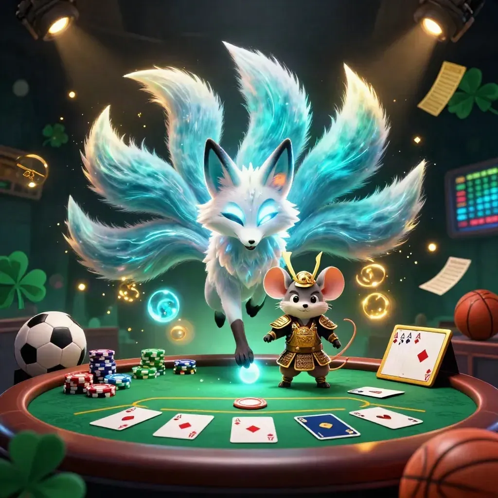 Neon fox spirit and samurai mouse amid casino sports props, glowing chips, and flying balls