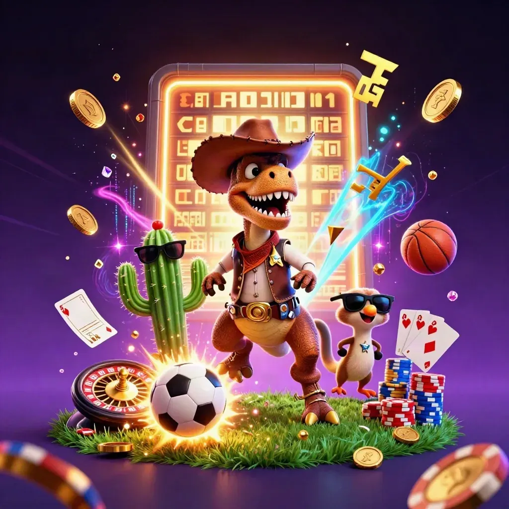 Cowboy T-Rex, cactus, and roadrunner amid casino chips, coins, and neon sports energy.