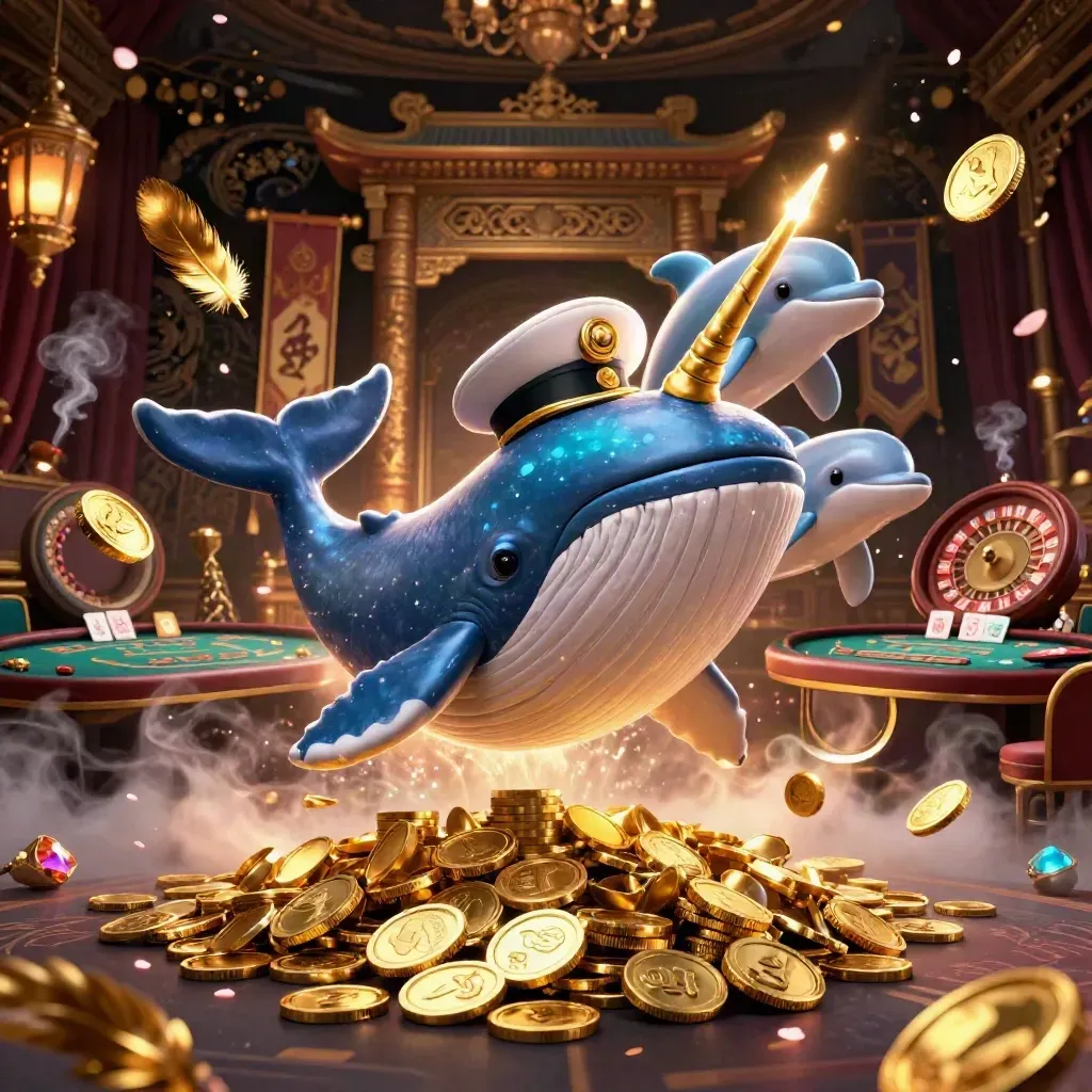 Whale, narwhal and dolphins in a neon casino room with roulette, gold smoke and chandeliers.