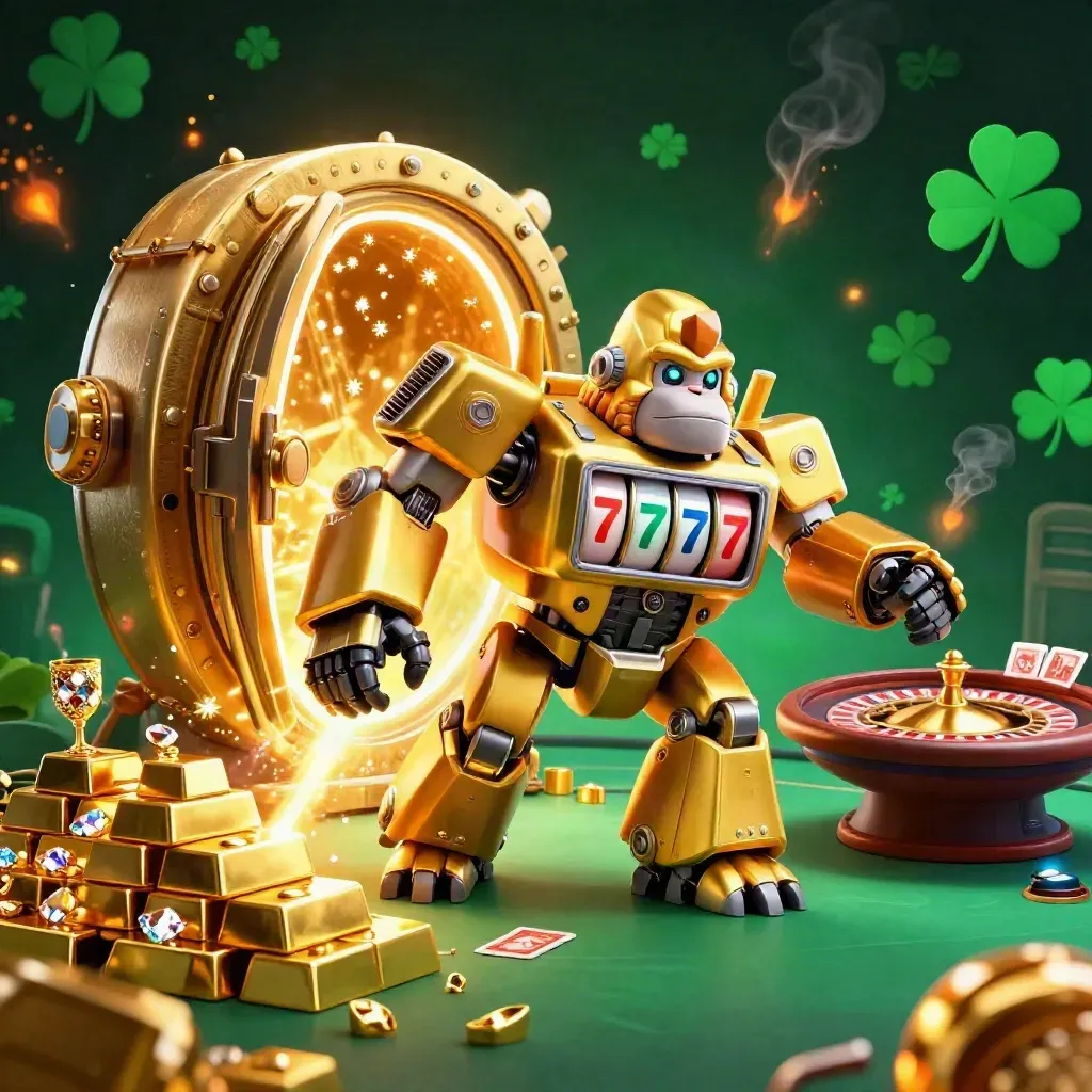 Golden gorilla mech bursts from a vault amid neon casino loot and smoky emerald light.