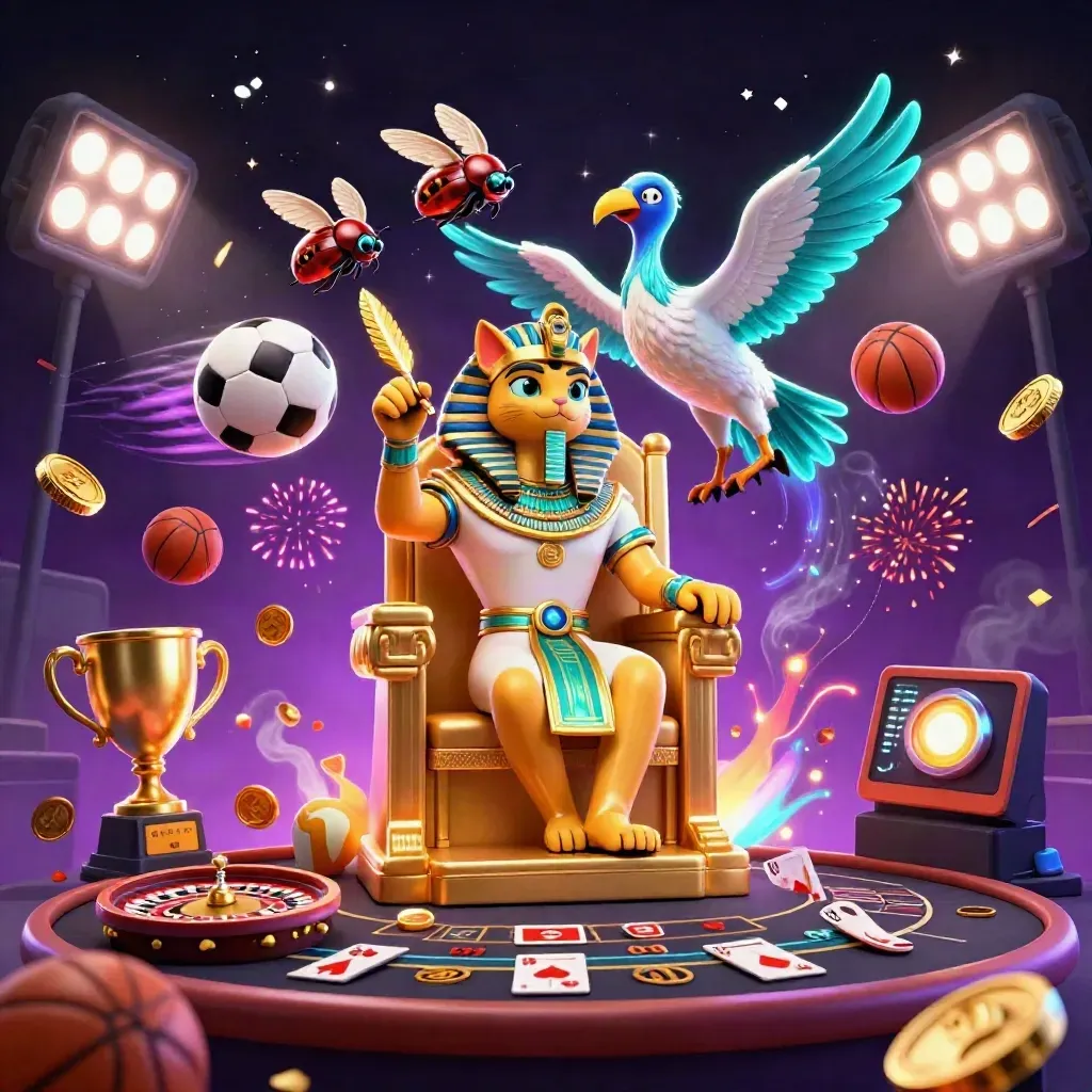 Pharaoh cat, ibis scribe, and gem-wing scarabs amid neon casino and sports-game magic.