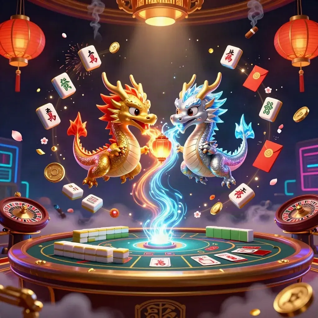 Gold and silver dragons spiral in a neon casino room with lanterns, coins, and a glowing wheel.