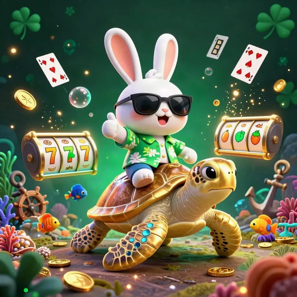 Lucky rabbit rides a golden turtle through a neon treasure cove with coins, coral, and glowing fish.