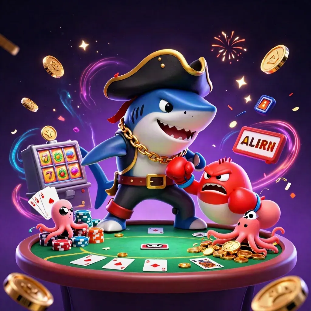 Pirate shark, boxing pufferfish, and octopus amid casino cards, chips, and neon loot bursts