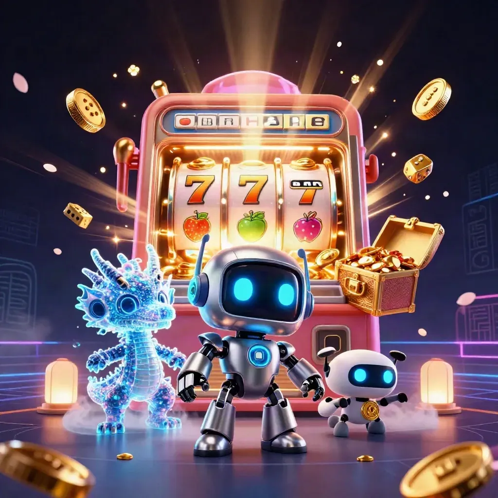 Cyberpunk robot, holographic dragon and drone explode from a jackpot slot machine amid gold and cyan effects