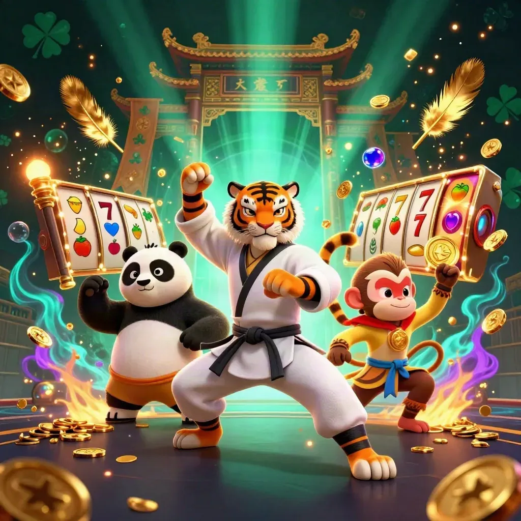 Kung-fu tiger, panda, and monkey amid coins, cyan glow, temple gate and slot effects.