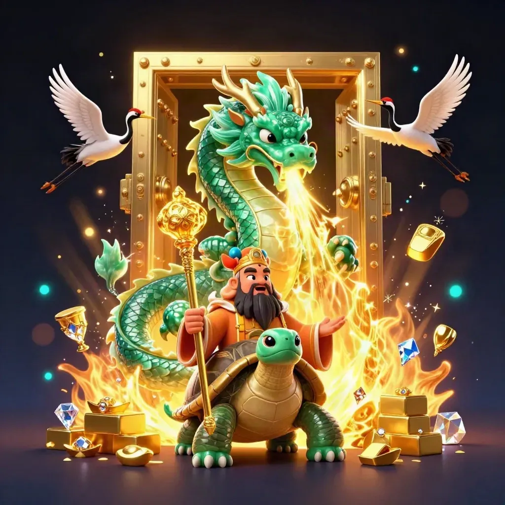Emerald dragon, turtle sage, and cranes burst from a golden vault with jewels and fire.