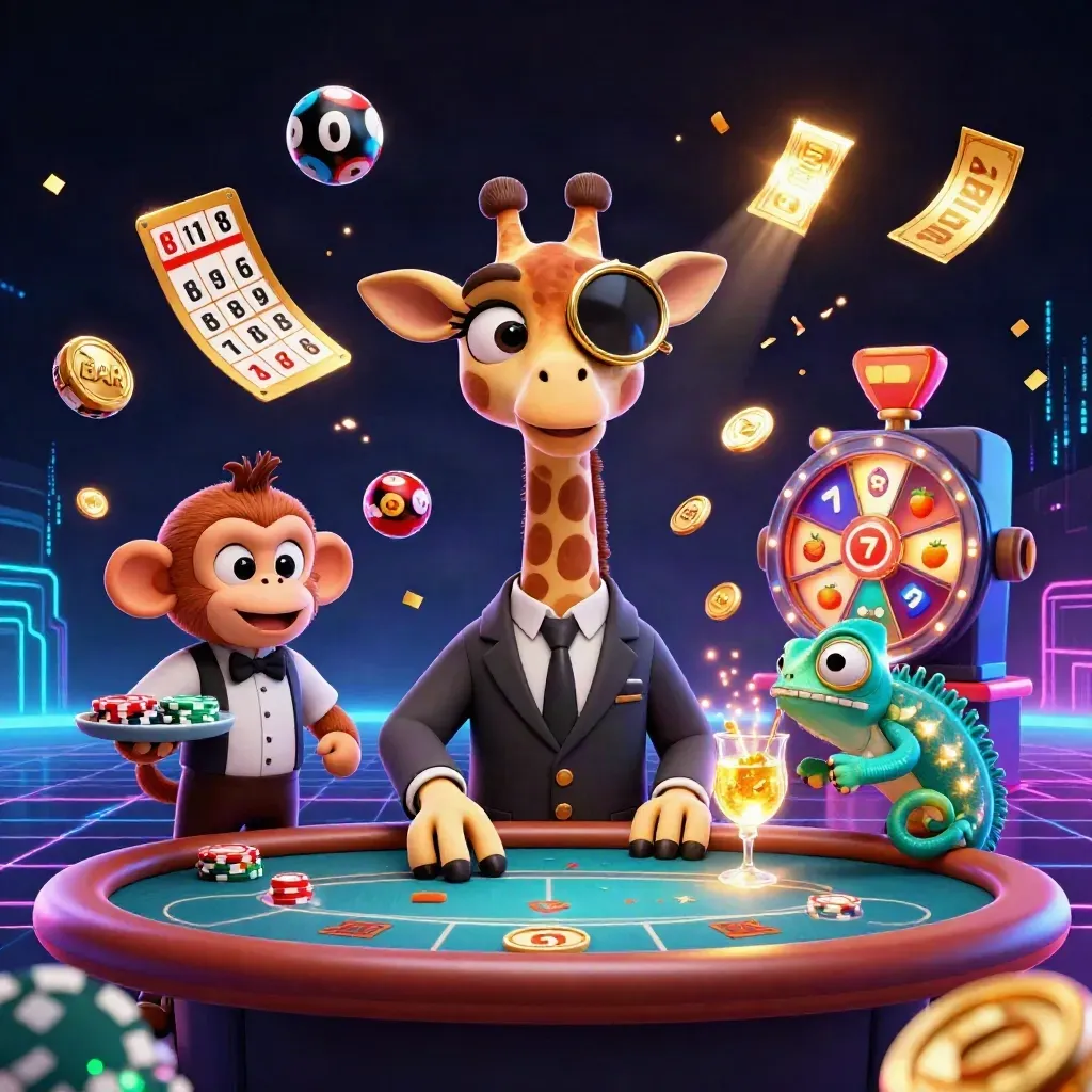 Neon giraffe, monkey valet, and chameleon bartender in a jackpot casino burst of gold and cyan.