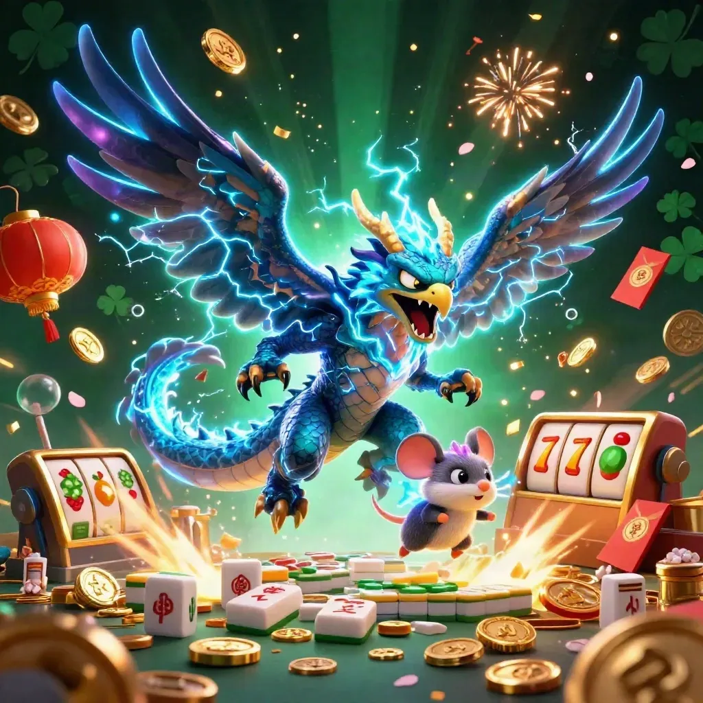 Thunder dragon, wind hawk, and static mouse amid casino loot, lightning, coins, and fireworks.