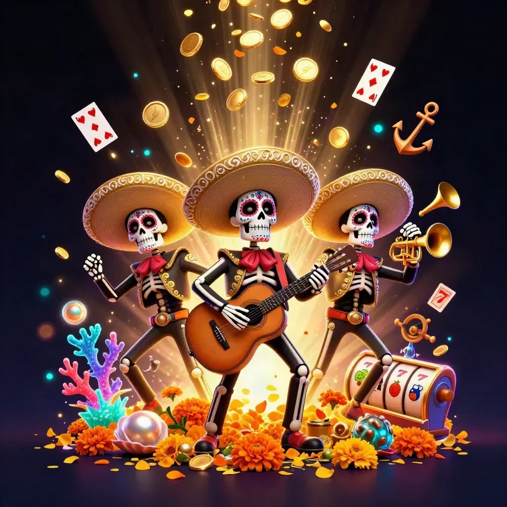 Skeleton mariachi trio amid treasure, coins, coral, cards, and neon casino glow