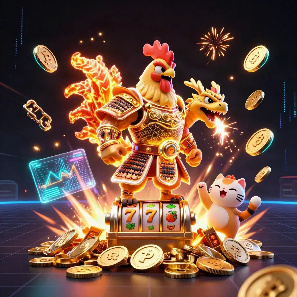 Rooster warrior, dragon hatchling, and fortune-cat amid bursting coins, neon crypto, and fireworks.