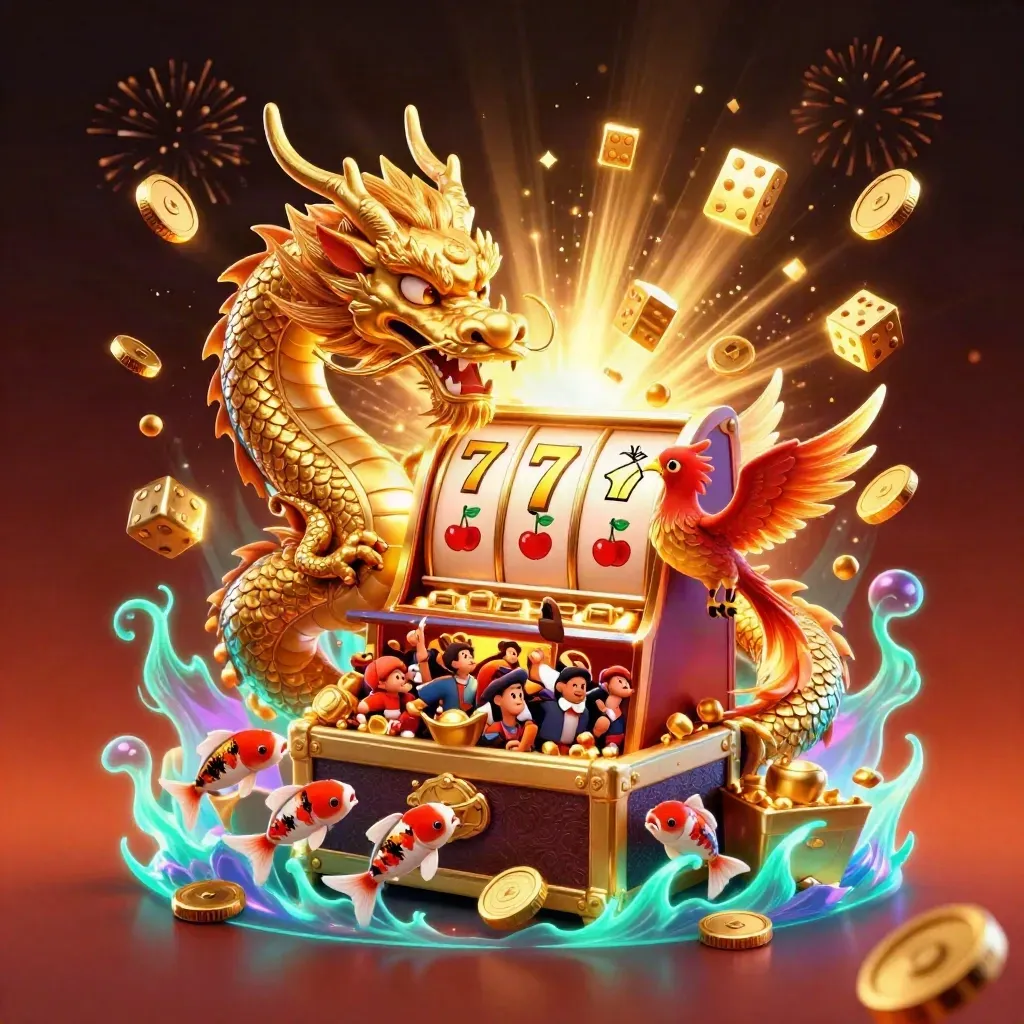 Golden dragon, phoenix, koi, slot machine, coins, and neon fire burst in a casino jackpot scene.