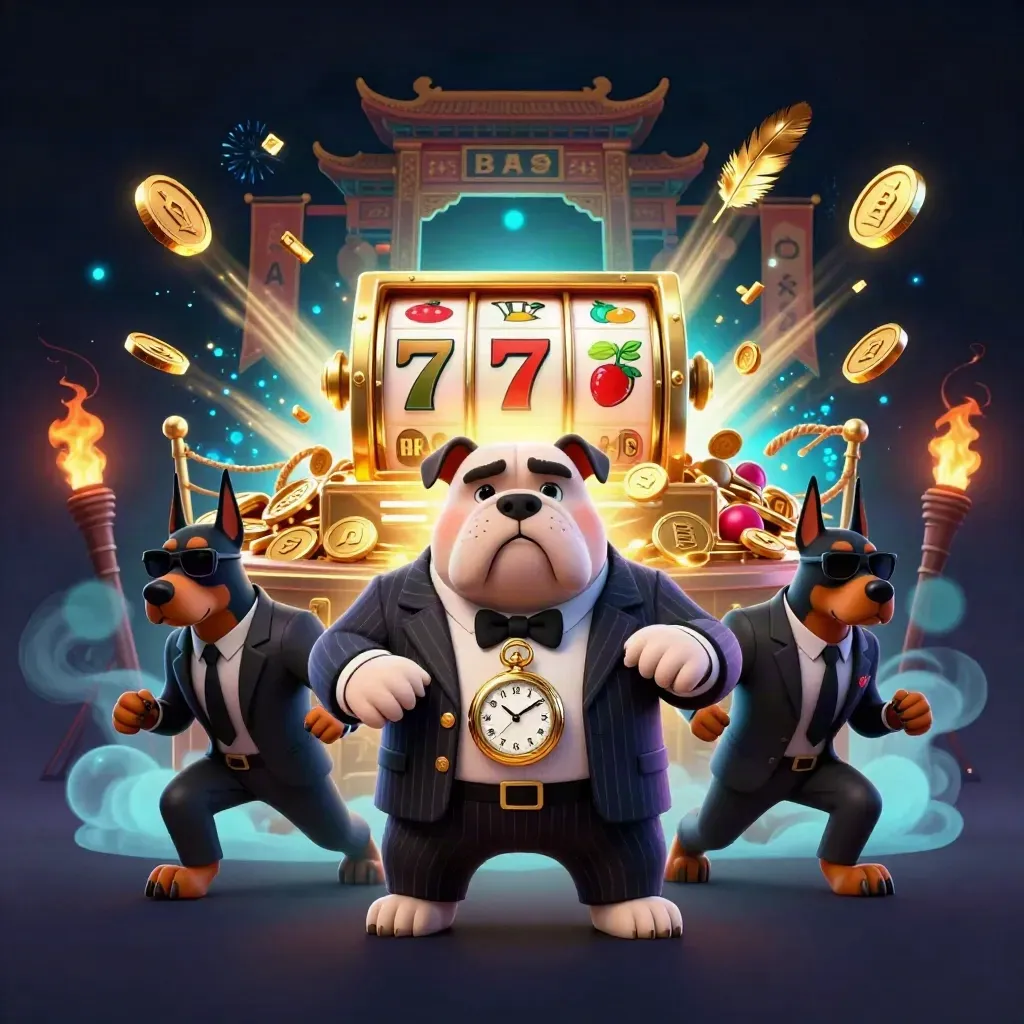 Bulldog boss with Dobermans amid coins, reels, temple gate, and neon casino sparks
