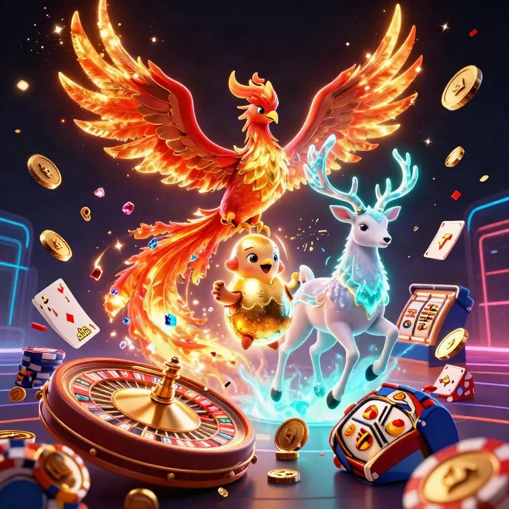 Phoenixes and a stag amid casino coins, cards, chips, and glowing neon effects.