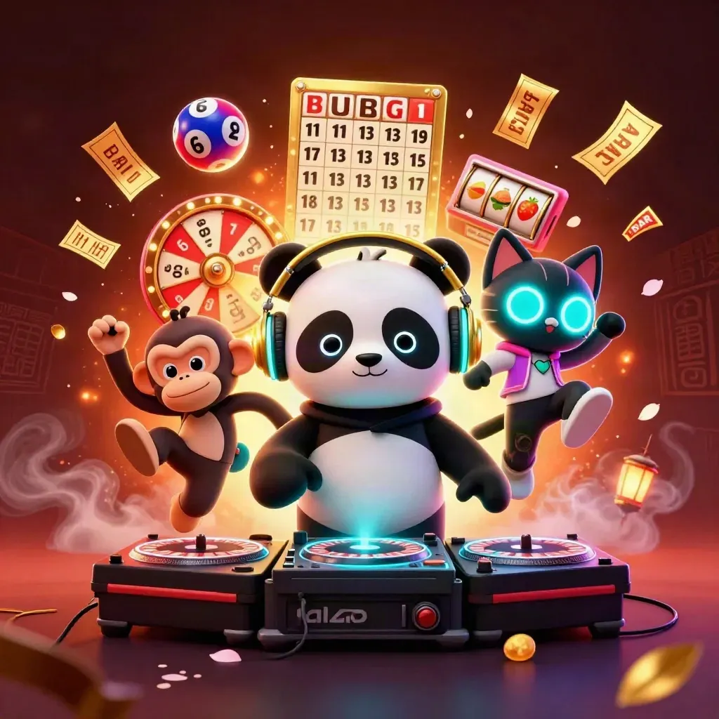 Panda DJ, breakdancing monkey, and rave kitten amid casino lights and flying game symbols.