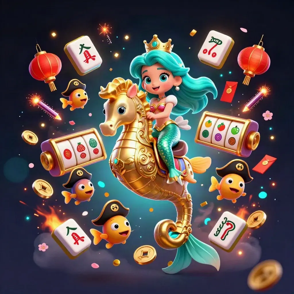 Mermaid princess on armored seahorse amid casino loot, lanterns, coins, and neon sparks.