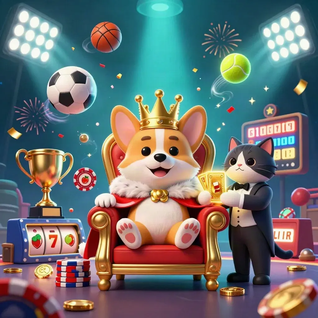 Royal corgi and cat butler amid casino sports chaos, gold coins, reels, and neon light.