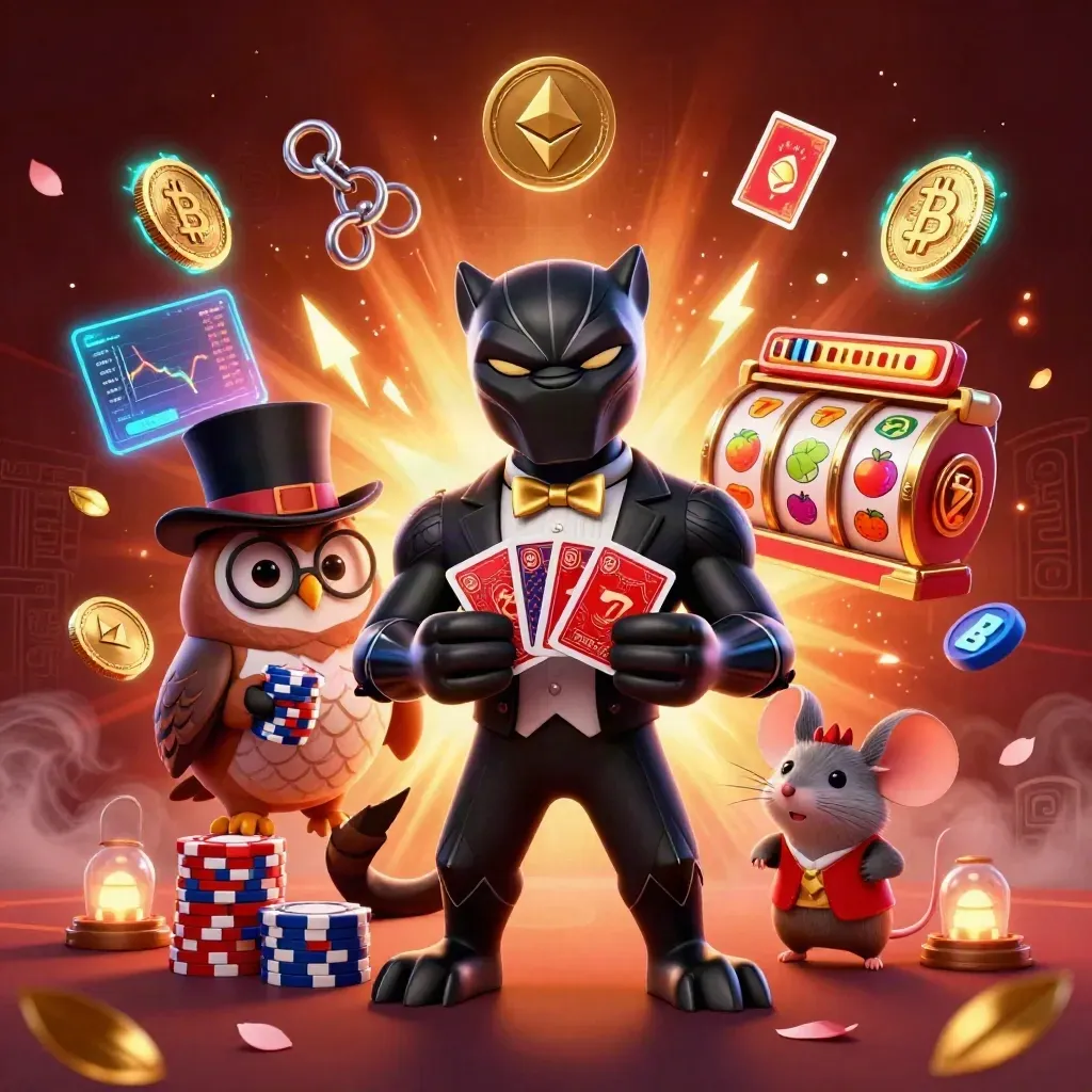 Black panther, owl, and mouse amid chips, coins, reels, and cyan-gold neon on a dark casino glow.