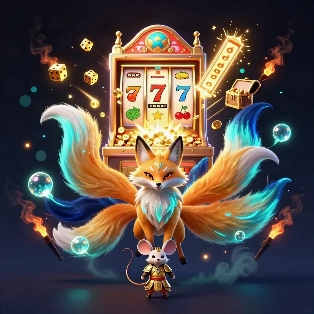 Neon nine-tailed fox spirit with samurai mouse amid exploding slot machine jackpot effects.