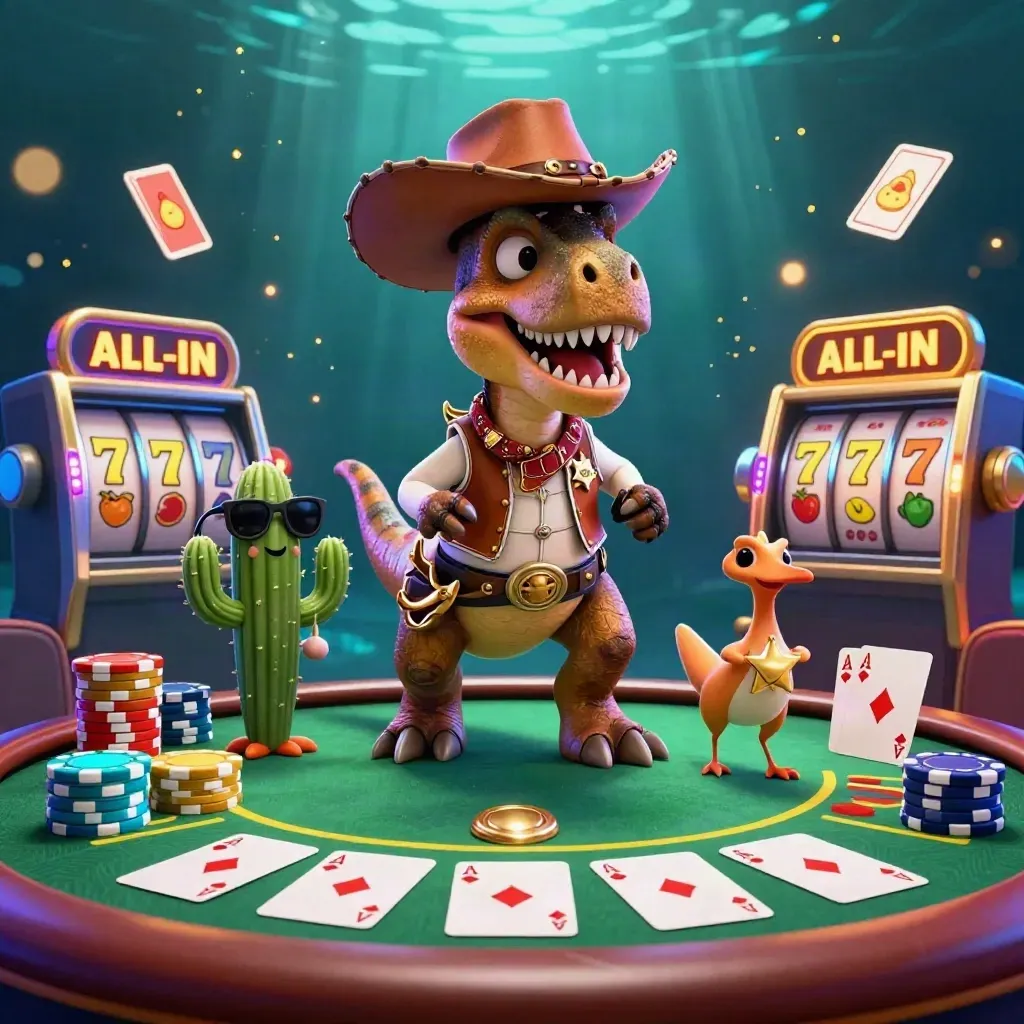 Cowboy T-Rex, cactus sidekick, and roadrunner amid glowing chips, cards, and slot reels.