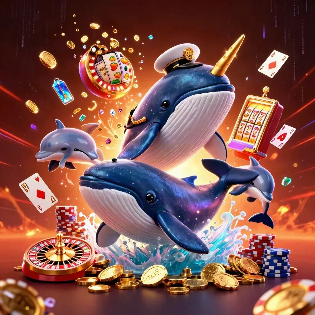 Whale captain, narwhal, and dolphins amid coins, chips, roulette, and neon casino effects
