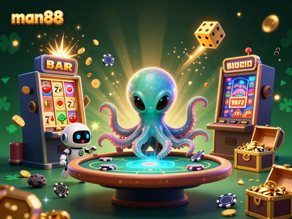 Experience thrilling wins with man88 at a holographic poker table featuring vibrant casino elements.