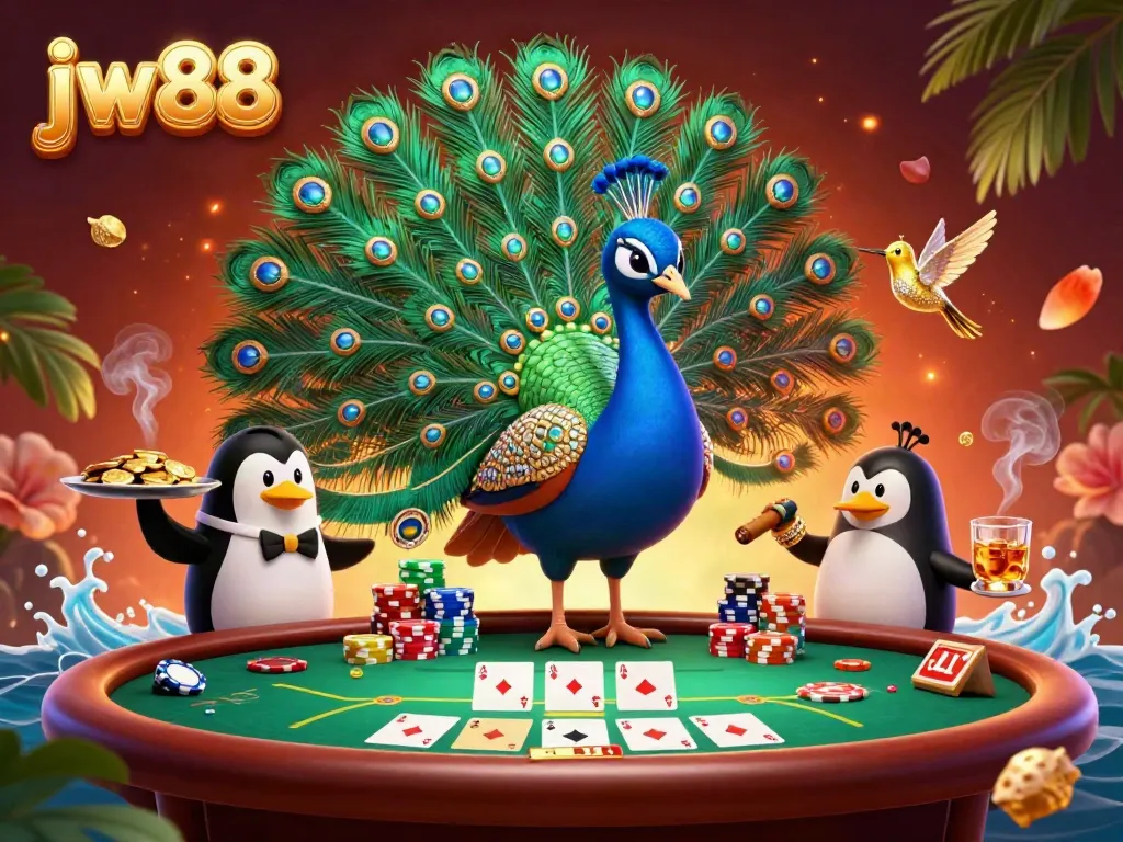 Engage in thrilling poker action with jw88’s 3D casino scene showcasing vibrant characters and game elements.