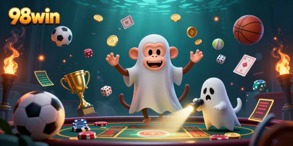 Engage with the action at 98win's haunted casino where a mischievous monkey juggles gold while a curious puppy tracks it.