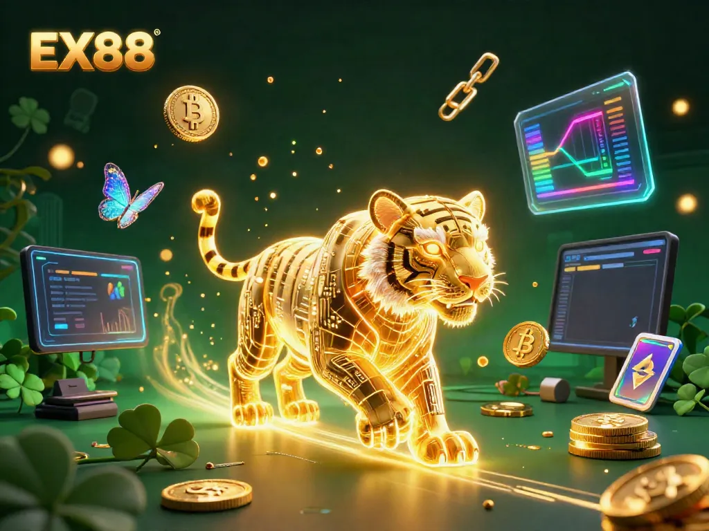 Engage with EX88 in this vibrant casino scene showcasing a glowing neon tiger and holographic butterflies amidst crypto coins.