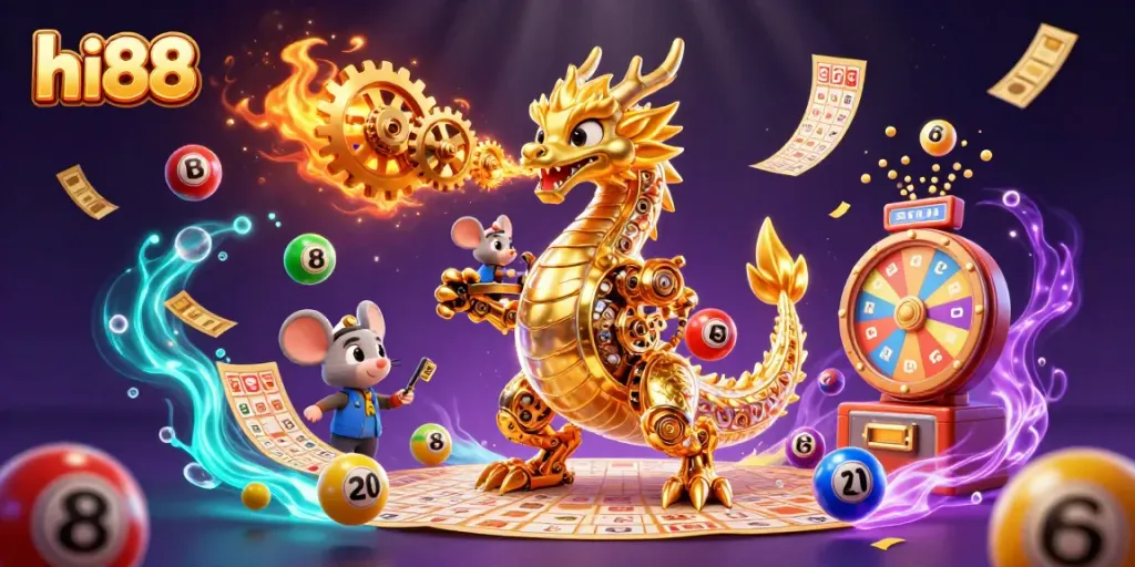 Win big at hi88 with a vibrant 3D dragon and lottery excitement in a dynamic casino scene.