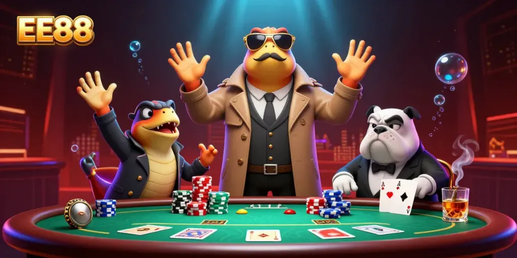 EE88 highlights a 3D scene of cartoon raptors attempting casino entry amidst flowing poker elements.