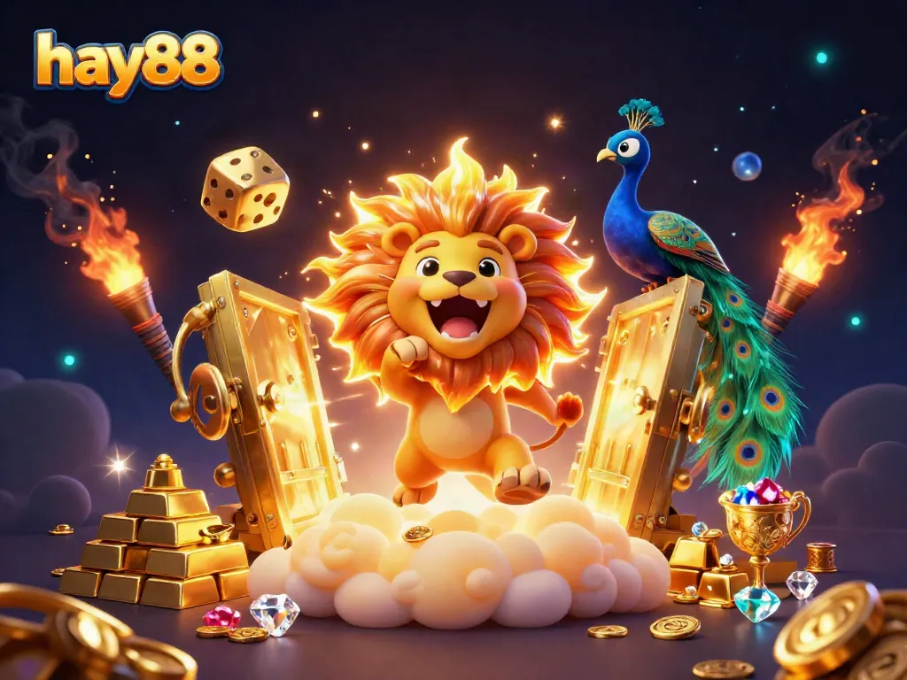 Engage in exciting gaming with hay88 featuring golden treasures and 3D lion elements.