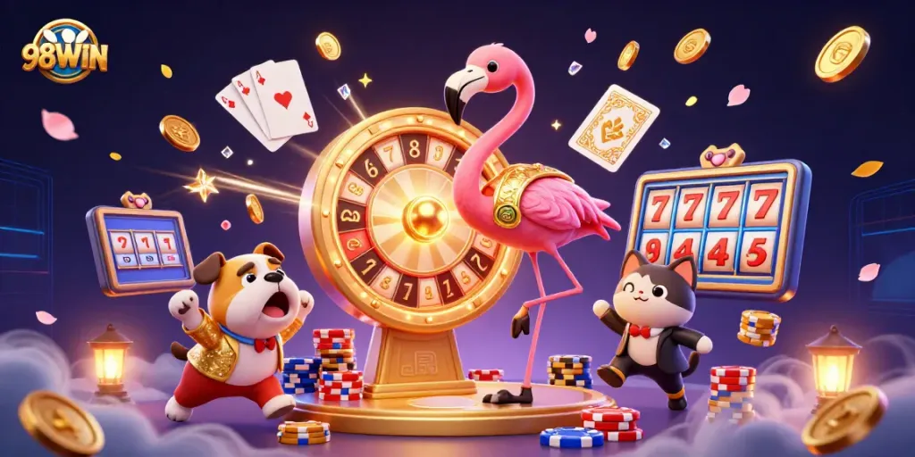 Engage with 98WIN as a flamingo host spins a golden prize wheel amidst vibrant casino elements.