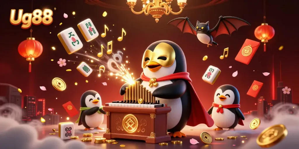 Experience the thrill of Ug88 with a vibrant casino scene featuring a phantom penguin and golden treasures.