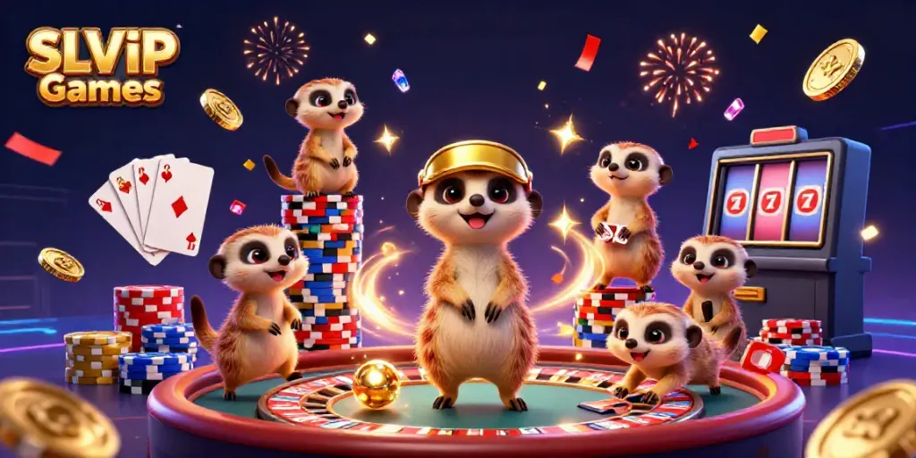 Experience the excitement of SLVIP Games with meerkats at an extravagant casino, showcasing vibrant elements.