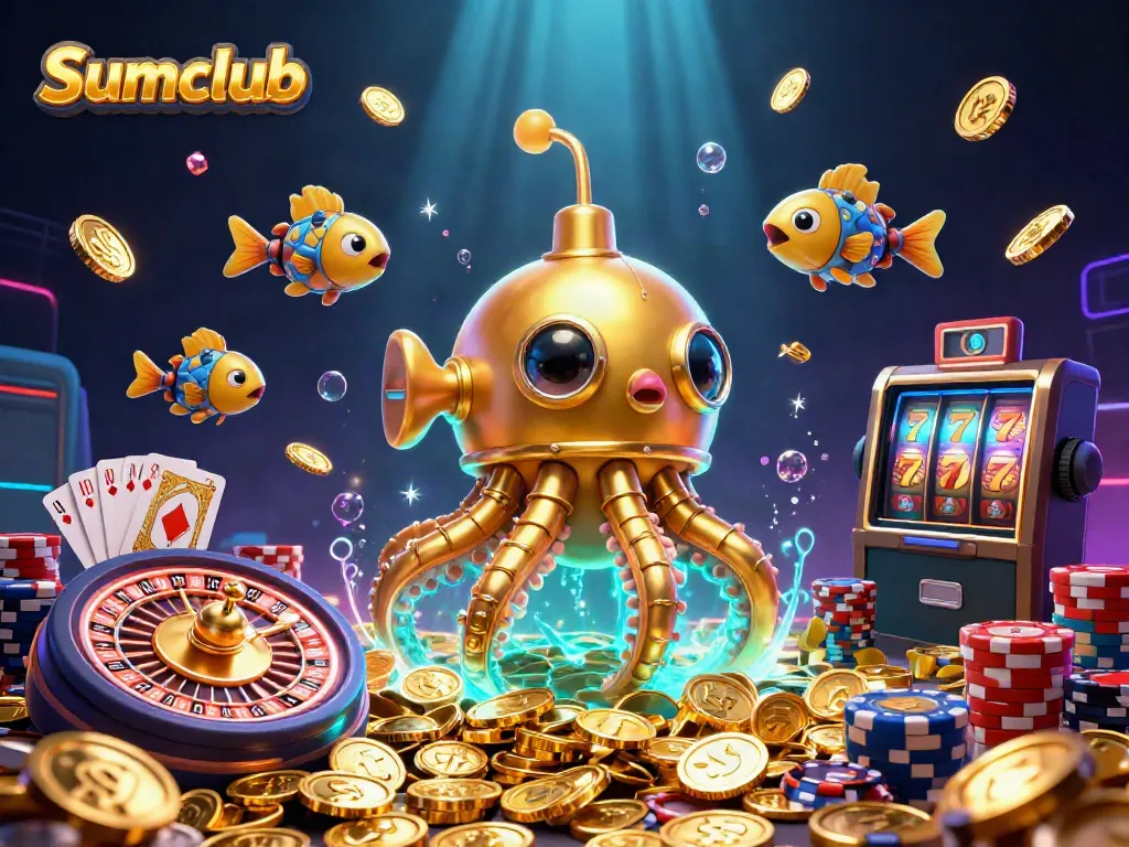 Experience thrilling gaming excitement at Sumclub with stunning visuals of the golden kraken and casino elements.