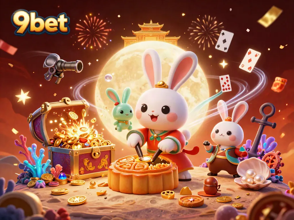 Experience big wins at 9bet with a lively illustration of a moon rabbit and poker chips!