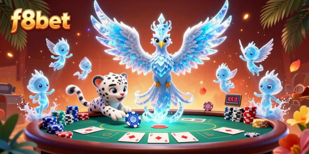 Experience the thrilling world of f8bet with a dynamic poker scene featuring a mythical ice phoenix and playful snow leopard.