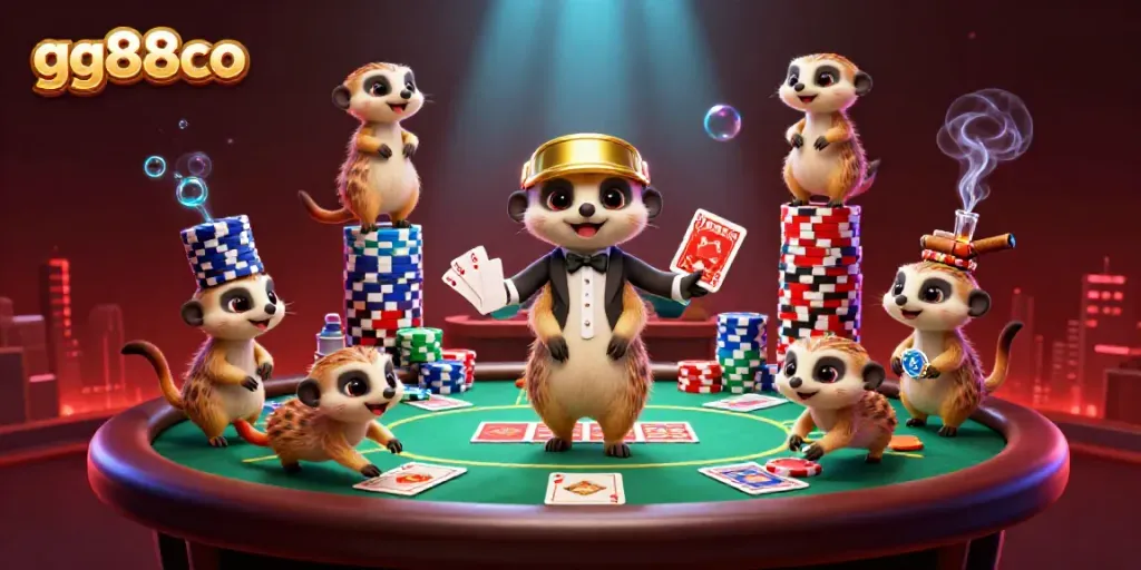 Experience thrilling casino action with gg88co's animated meerkat characters in a vibrant 3D scene.