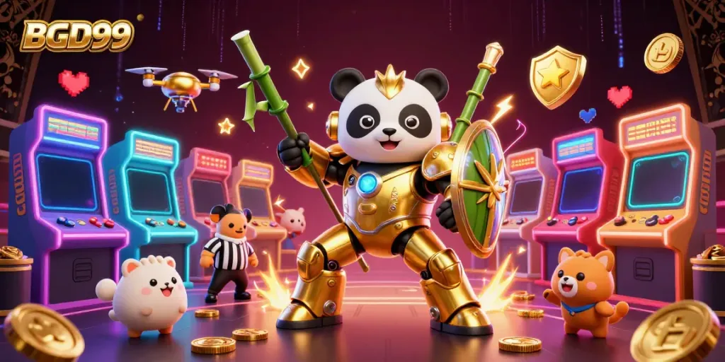Experience thrilling gameplay at BGD99 with a mech-suit panda and arcade action in a vibrant casino atmosphere.