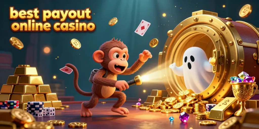Experience the thrill of the best payout online casino with a playful poltergeist monkey and a curious puppy in a haunted setting.