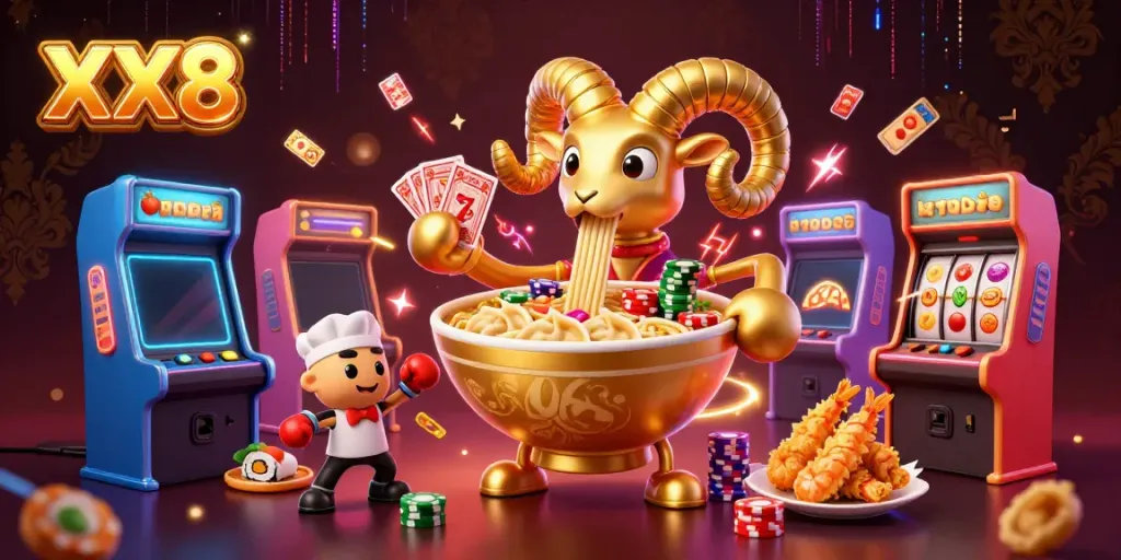 Experience the excitement of XX8 casino gaming with a vibrant 3D illustration showcasing unique characters and game elements.
